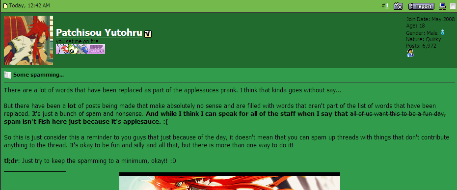 2011 - April Fools - "I think I speak for everyone when I say, Spam isn't fish here just because it's applesauce :(".