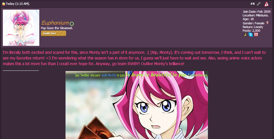 2k

2,000 posts, despite how I don't care about postcount anymore.
When? 10/23/15.
Where, RWBY Volume III thread.