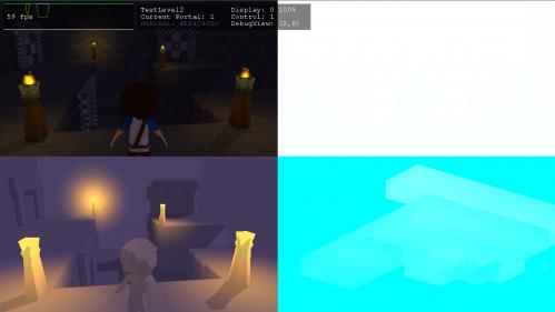 4 ShadowMapping : showing all four buffers that are combined to create the final image.
Top Left: Final combined output
Top Right : View Space Depth
B