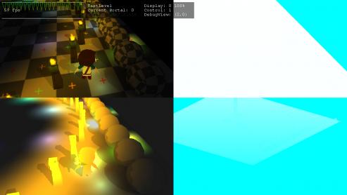 9 ShadowMapping : Split view, stress test of the "Torch" object.
The torch gives off an orangish lights that pulses slowly, while drawing a particles 