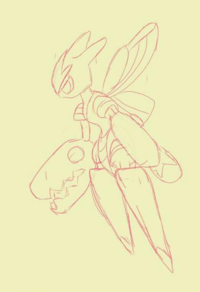 a picture i drew of my fave mega pokemon siczor. still in its sketch state because when i drew the lines and coloured it i had to change one of the pi