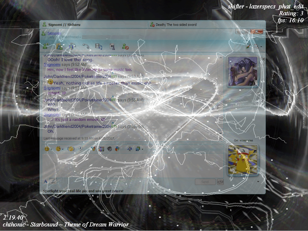 A really cool screenshot using MSNplus Window transparency and winamp's milkdrop visulization engine in Desktop mode.