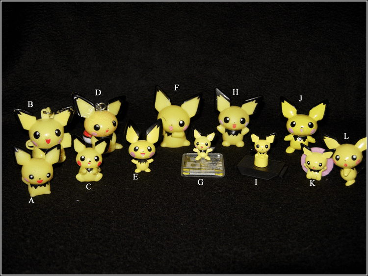 All my smaller Pichu figures.

A) Pichu... bath salts? I think there are bath salts inside. XD
B) A Pichu keychain of sorts.
C) A pencil grabber (I th