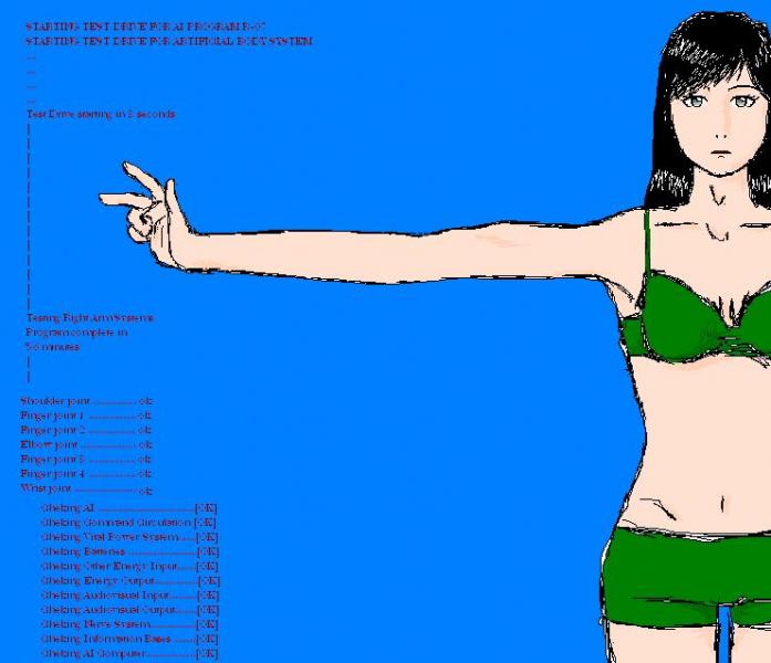 Basically, she's a robot and... that's about it. She's a prototype and the researchers are running some tests on her. I made this one with Paint, too,