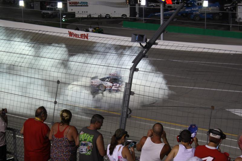 Brad Keselowski's #2 Miller Lite Ford Fusion (American Flag Design) car doing a burnout after leading 90% of the laps to victory lane!
Quaker State 40