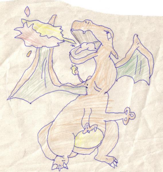 Charizard old

I was 6-8 years old when I drew this and I saved this because it's my first good drawing (I think)
It's wings come from it's neck :P