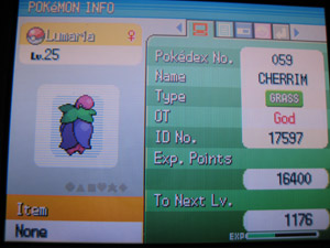 Cherrim! ♥ ♥ ♥

My Cherrim in Diamond was male and named for Marluxia in Kingdom Hearts. I needed another Cherrim for Platinum, of course, so I pulled