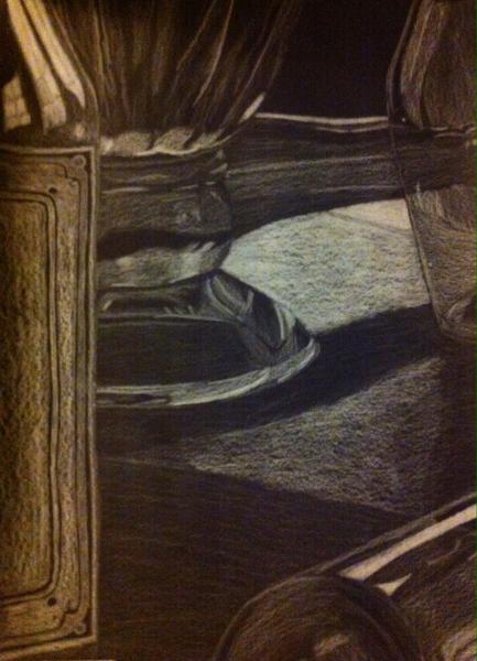 Close up still life of glass bottles. White colored pencil on black paper. From one of my highschool art classes.