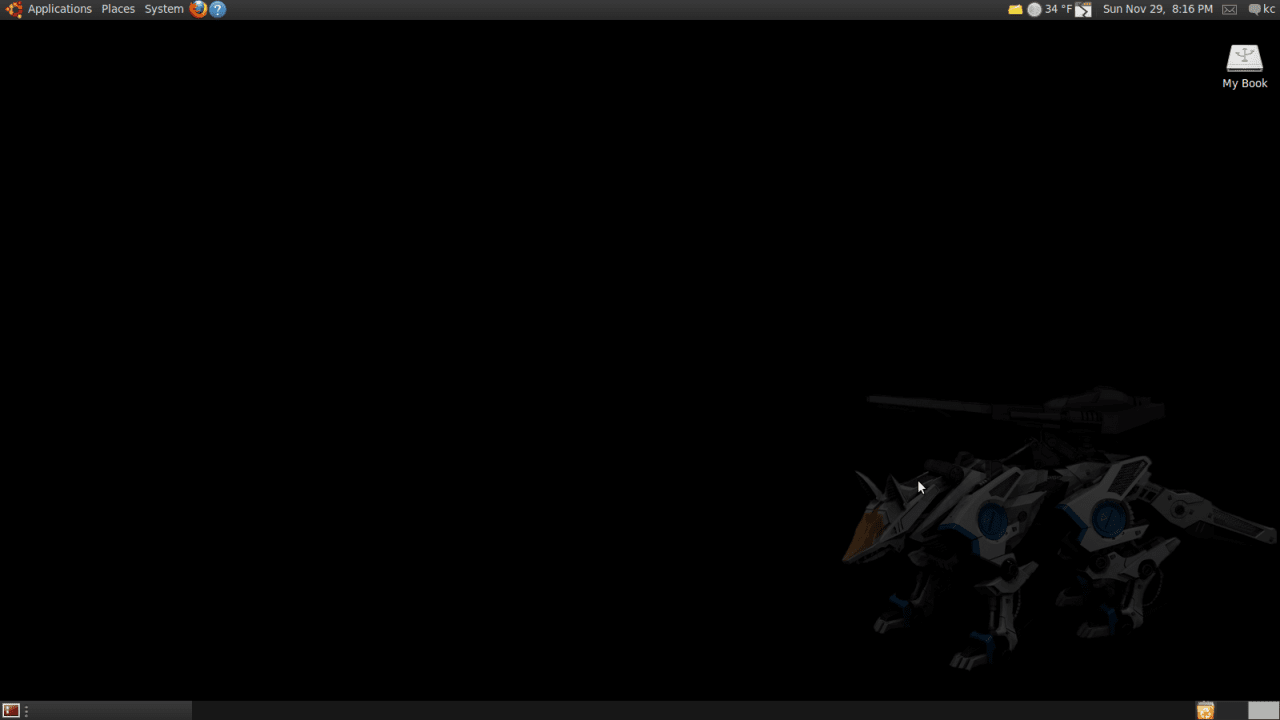Custom made Shadow Fox (Zoids) background, on Ubuntu Linux 9.10 original size. 1600 x 900