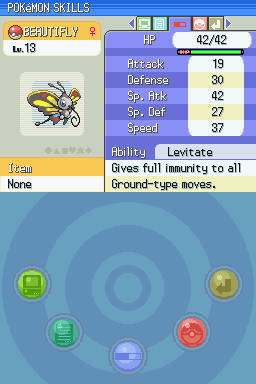 Flyerfi - Bug / Fire - Levitate
The first modified Pokémon I caught in Platinum. Its base stats are 70 HP, 50 Atk, 90 Def, 130 SAtk, 90 SDef and 110 S