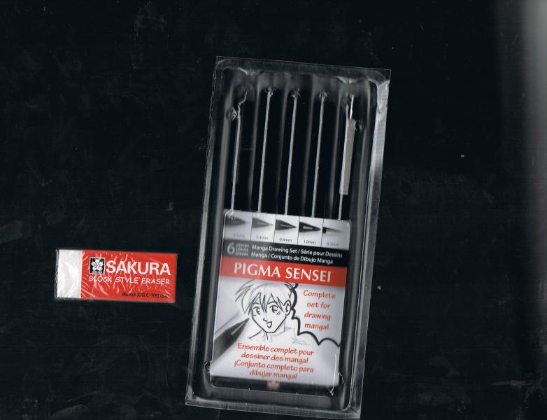 Found a good manga drawing set at a  arts and craft store. 

Has a few marker pens of different sizes, a mechanical pencil and a white eraser.