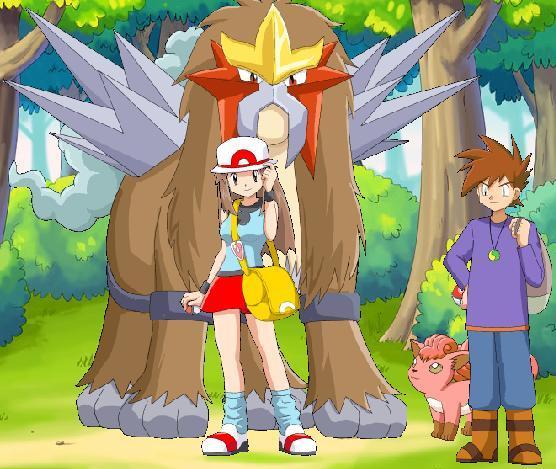gary y blue ayudando ah entei salvar pokemons salvaje de los villanos del equipo rocket