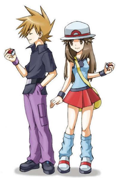 green y blue recibiendo su premio su primer pokemon