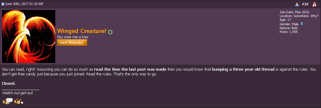 He strikes.

So, Winged Creature! is supposed to be a really mean Super Mod I invented. As you can see he doesn't take no crap from rulebreakers!