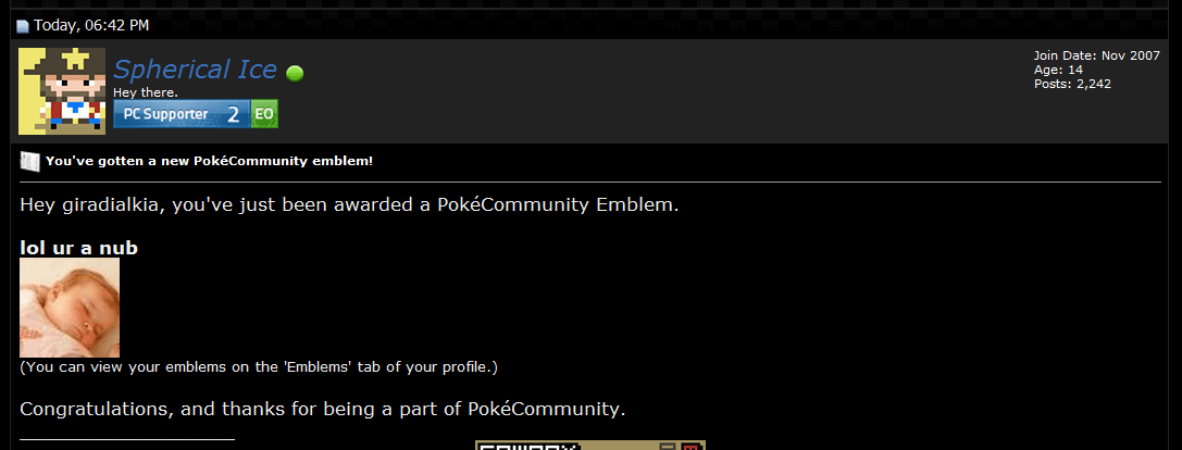 Here's a little PM I came online to one evening. S.I. is a bro who was once mod, so I'd thought he may have been modded somewhere while I was offline 