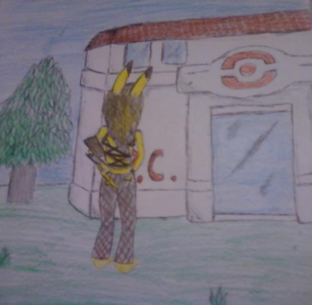 Human-like Pikachu at pokemon center