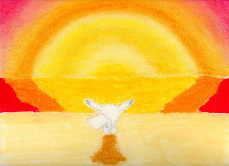 I call this one, Pikachu's Sunset :) I used oil pastels, and blanded the sky with my fingers, which were a mess when it was finished! XD i left the pi