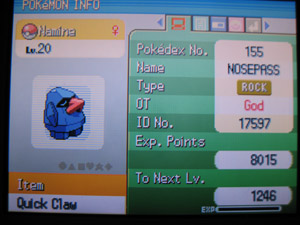 I can't even begin to explain my Nosepass's nickname so I'm not going to. Named for Naminé in Kingdom Hearts.