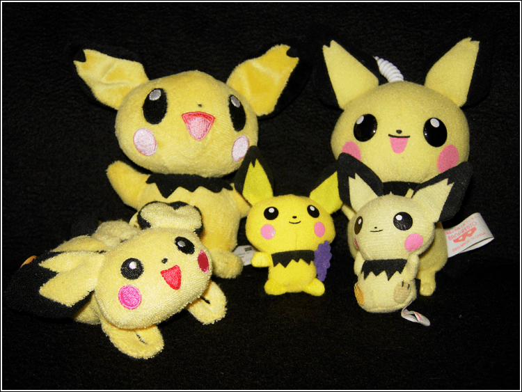 I couldn't really group all my Pichu plush together for a proper picture and still have a decent sized image of them so you get the big ones and the s