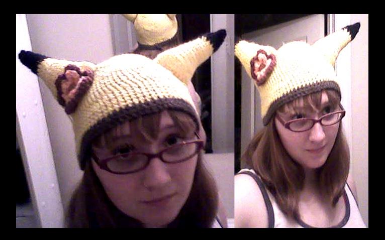 I crocheted myself a Pikachu hat! Sorry, bad picture quality....my hair looks brown here, but I'm actually a blonde...