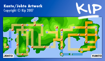 I decided to do a GameBoy Advance style map of Johto connected to the original map of Kanto. The Johto part is based off the Generation II map, so it 