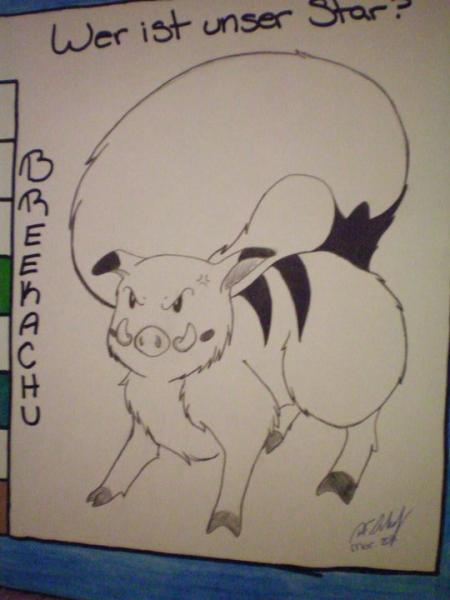 I drew this for my German class last winter. It's Breekachu, and electric Pig Squirrel whose name comes from a song by a German band called "We Butter