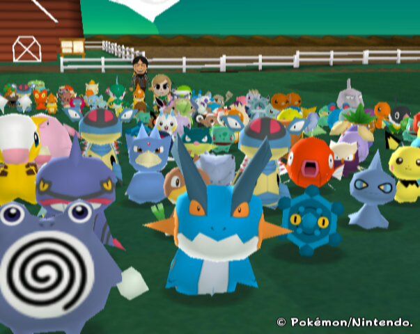 I picture I took in My Pokemon Ranch. They're all staring at you... and if you look closely you can see Shigeru Miyamoto and Link in the background.