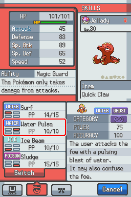 Jellady - Water / Ghost - Magic Guard
It has a counterpart called Jellord. I enjoy giving custom Pokémon counterparts so you can choose which one you 