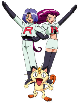 Jesse, James, and Meowth are the goofy (and often times unneccesary) trio under the command of Giovanni to go and capture rare Poke'mon for him.