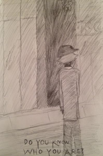 Kcalb standing awkwardly in a random mysterious city. Also, notice he doesn't have a reflection. And the words at the bottom are just there to look co