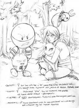 "Lavi and PokePals"
^^ Just Lavinia and a few of her Pokemon. Can you see the electric motif? And yes, I noticed that what I wrote is rather small. >>