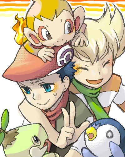 lucas,alfred, luca's chimchar, alfred's piplup, and dawn's or luca's turtwig