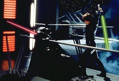 Luke defeats his father, and finally becomes a Jedi.