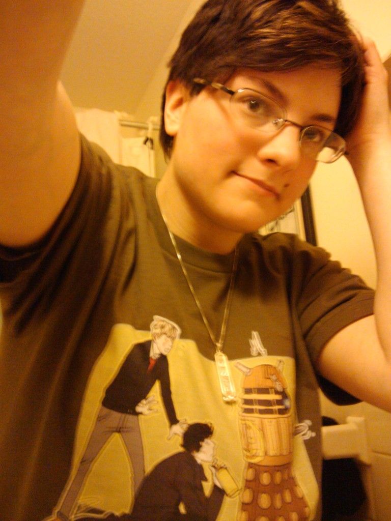 Me out of cosplay, in my Sherlock / Doctor Who shirt.