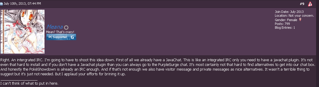 Meana as a tier six supporter.

...Cause the last one had a typo!

Meana continues to contribute by post fifteen+ though provoking threads daily and d
