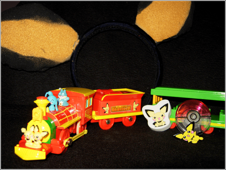 Miscellaneous Pichu things.

Left to right:
→ Pichu Bros. "Rascal Railway" train. Closeups in the gallery.
→ Pichu eraser
→ Pichu pin, with container 