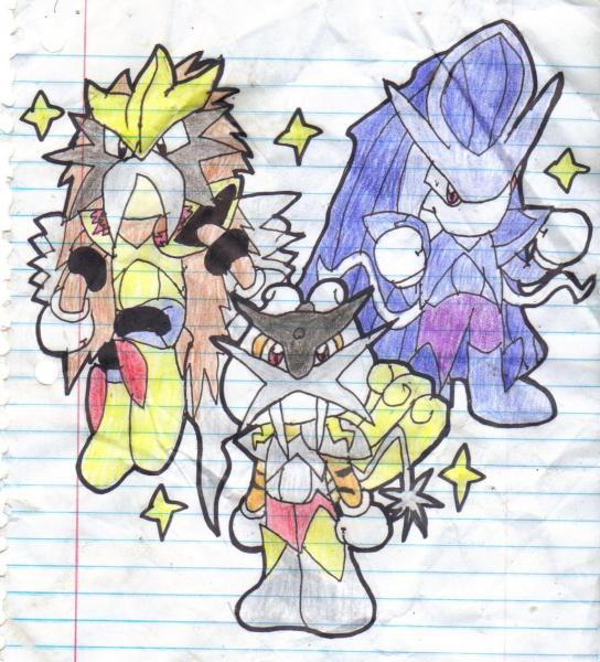 More anthropomorphic Pokémon? This time, this artwork shows three legendary beasts.