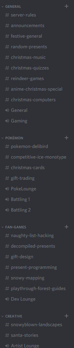 my christmas renaming of all the discord text channels: year 2. we've got a lot more of them this time.