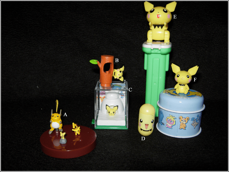 My miscellaneous Pichu figures and whatnot.

A) The Pichu/Pikachu/Raichu zukan.
B) Some... Pichu tree figure. Has matching/connecting Pikachu figure.
