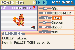 Next I checked out his pokemon, a single Charmander, level five, named "Miki". Nothing was odd about it…or should I say her, with the name and all. Sh