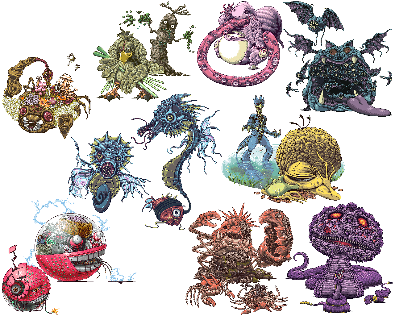 Nightmare fuel ho! This'll probably be resized, in which case you can't tell, but it's actually all pixel art. And freaky! This goes a little far past