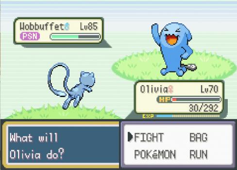 Olivia fighting a Wobuffet in Never Forest. With wild battles with almost every step you take, it's hard not to end up like her.