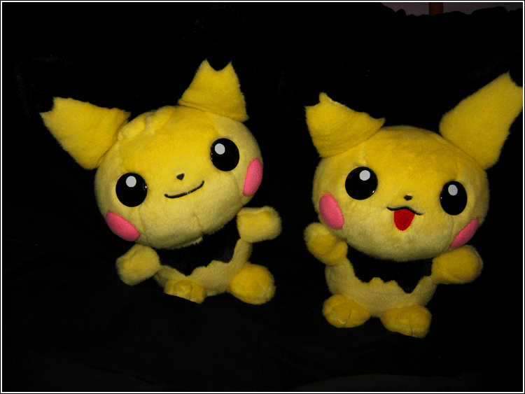 PICHU BROTHERS PLUSHIES.

The one on the right I've had for a while. From eBay. I didn't even know the one on the left *existed* for a long time (sort