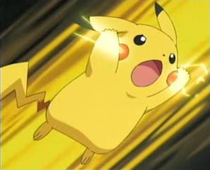 Pikachu from the anime, using Thunderbolt (probably)