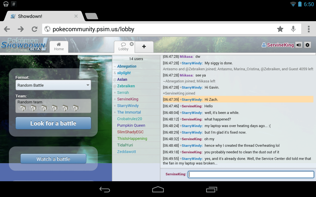Pokémon Showdown on my tablet in landscape mode
