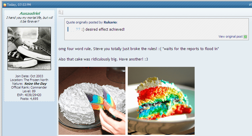rainbow cake! ironic, since Audy posted it, but maybe that's why..? xD (ilyaudy!<3 D; ) anyhoo.. my main reason for screening this was to point out th
