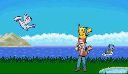 RED STANDING WITH PICKACHU ON HIS HEAD :P