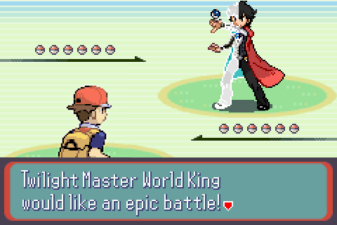 Screenshot of an epic battle between The Kanto Champion, Red and the Twilight Master.