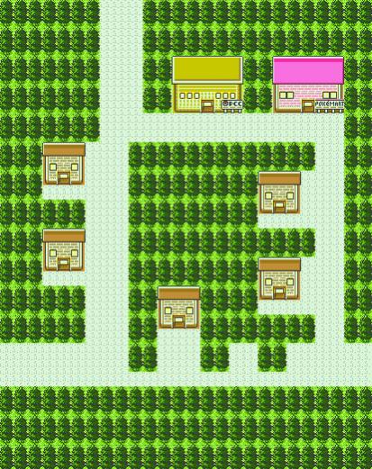 Screenshot of the layout for the 2nd town of the game, where the player goes to for the professor's package.