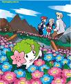 Shaymin running away from Prof. Oak, Lucas, and Dawn going down the Seabreak Path.